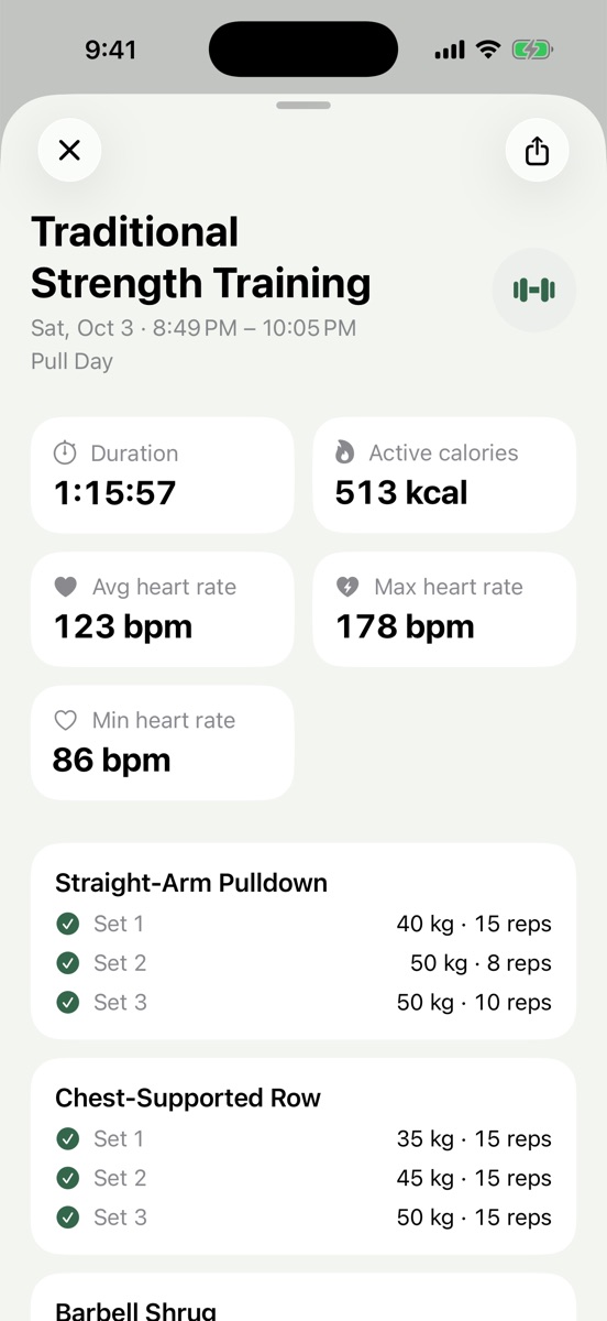 Baseline workout detail with duration, active calories and heart rate